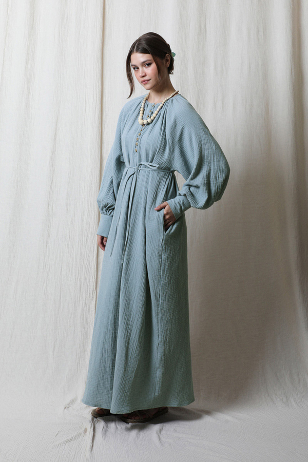 Düğme Yaka Müslin Elbise Bebe Mavisi - 6