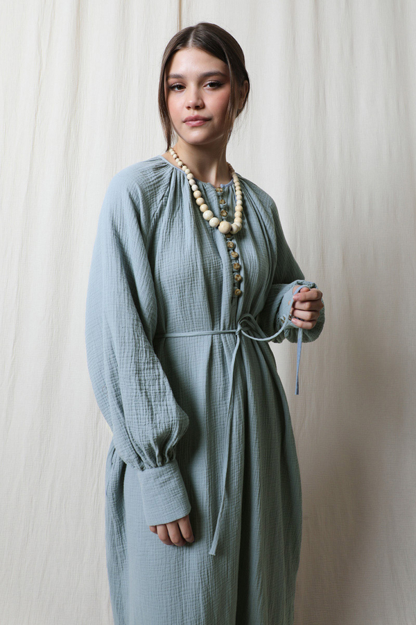 Düğme Yaka Müslin Elbise Bebe Mavisi - 5