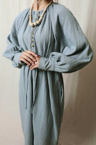 Düğme Yaka Müslin Elbise Bebe Mavisi - 3