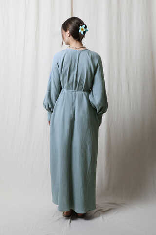 Düğme Yaka Müslin Elbise Bebe Mavisi - 7