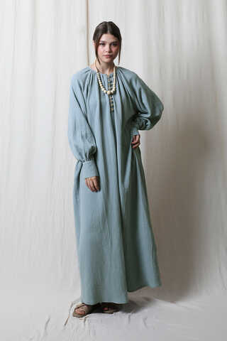 Düğme Yaka Müslin Elbise Bebe Mavisi - 1