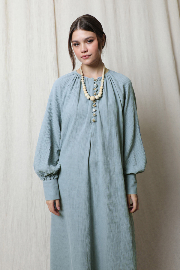 Düğme Yaka Müslin Elbise Bebe Mavisi - 2