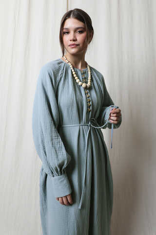 Düğme Yaka Müslin Elbise Bebe Mavisi - 5