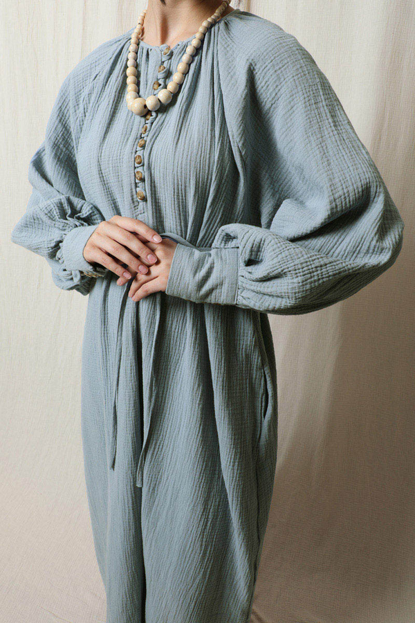 Düğme Yaka Müslin Elbise Bebe Mavisi - 3