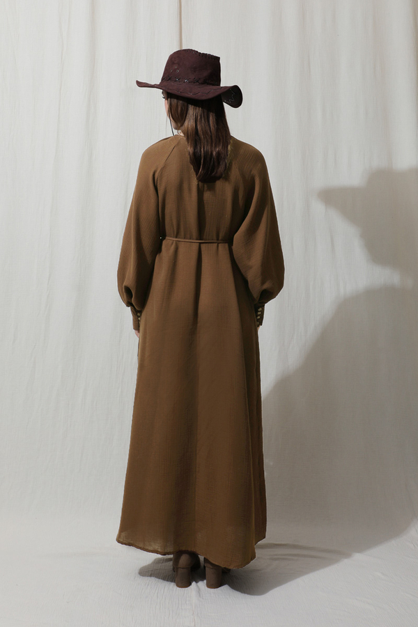 Düğme Yaka Müslin Elbise Kahverengi - 6