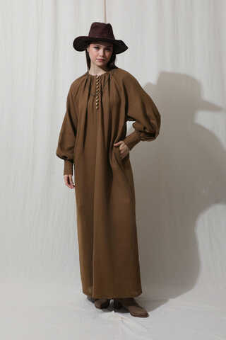 Düğme Yaka Müslin Elbise Kahverengi - 2