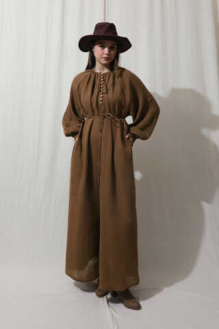 Düğme Yaka Müslin Elbise Kahverengi - 5