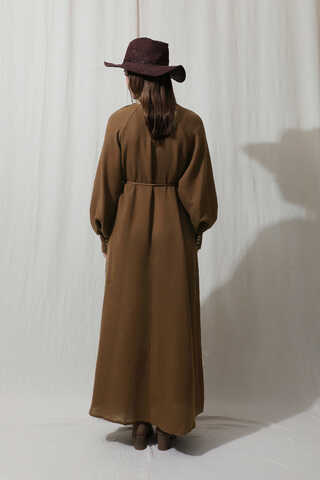 Düğme Yaka Müslin Elbise Kahverengi - 6