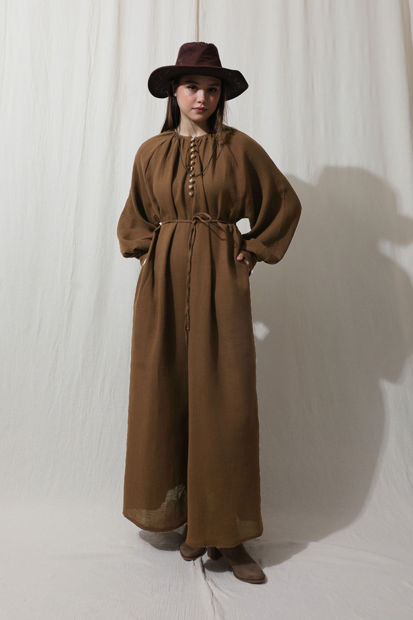 Düğme Yaka Müslin Elbise Kahverengi - 5
