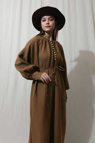 Düğme Yaka Müslin Elbise Kahverengi - 3