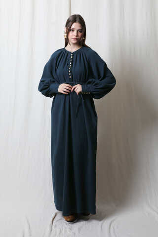 Düğme Yaka Müslin Elbise Lacivert - 2
