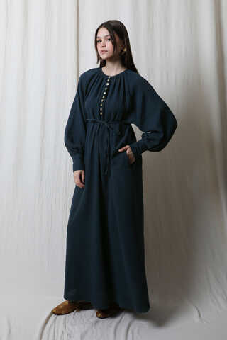 Düğme Yaka Müslin Elbise Lacivert - 5