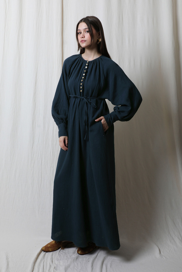 Düğme Yaka Müslin Elbise Lacivert - 5