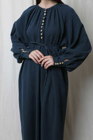 Düğme Yaka Müslin Elbise Lacivert - 3