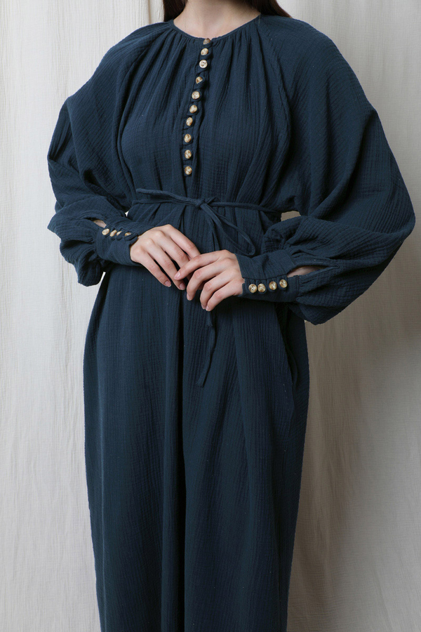 Düğme Yaka Müslin Elbise Lacivert - 3