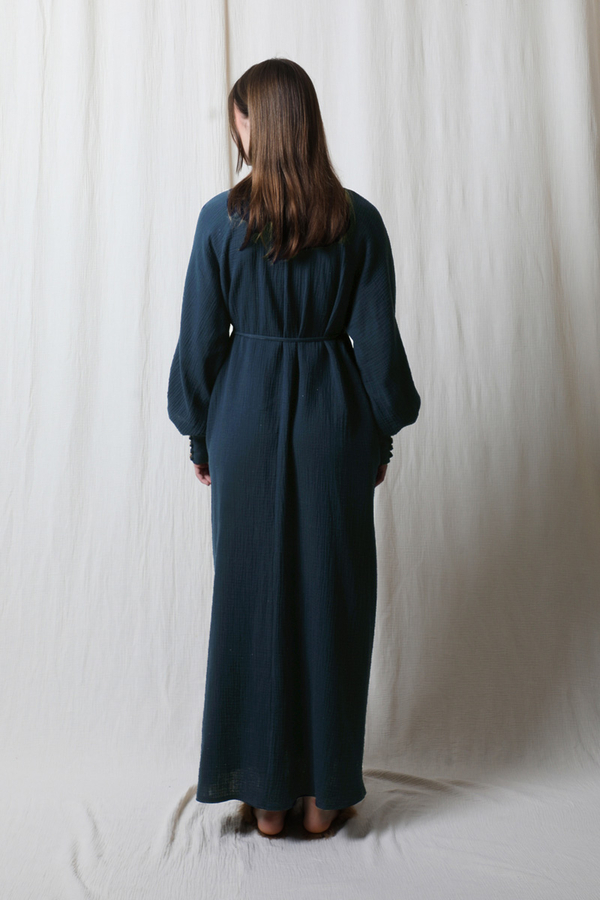 Düğme Yaka Müslin Elbise Lacivert - 6