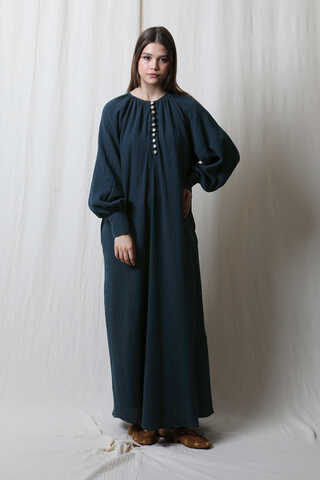 Düğme Yaka Müslin Elbise Lacivert - 1
