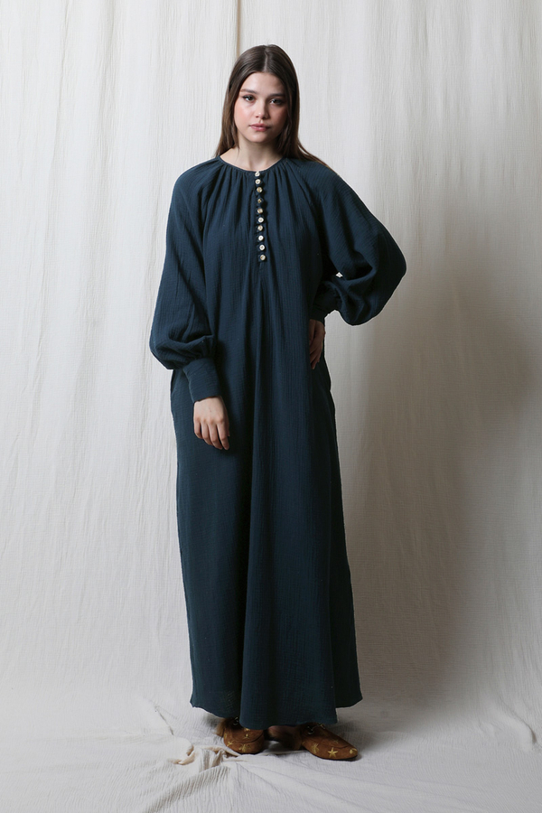 Düğme Yaka Müslin Elbise Lacivert - 1