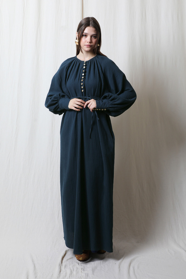Düğme Yaka Müslin Elbise Lacivert - 2