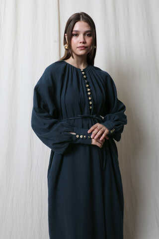 Düğme Yaka Müslin Elbise Lacivert - 4