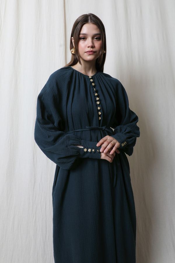 Düğme Yaka Müslin Elbise Lacivert - 4