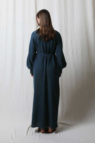 Düğme Yaka Müslin Elbise Lacivert - 6