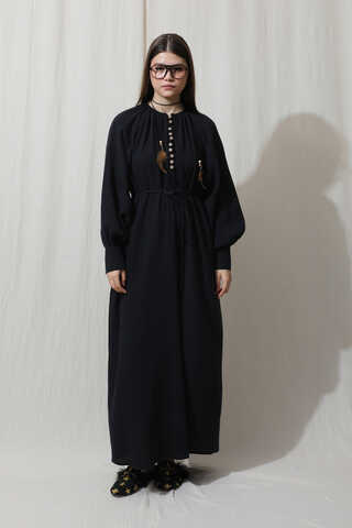 Düğme Yaka Müslin Elbise Siyah - 1