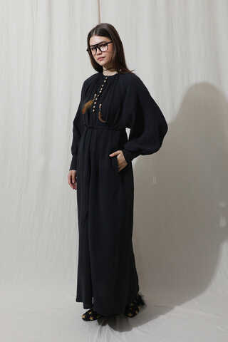 Düğme Yaka Müslin Elbise Siyah - 2