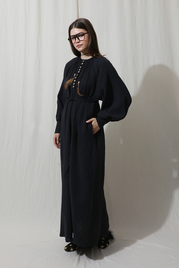 Düğme Yaka Müslin Elbise Siyah - 2