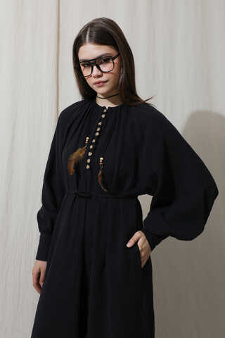 Düğme Yaka Müslin Elbise Siyah - 3