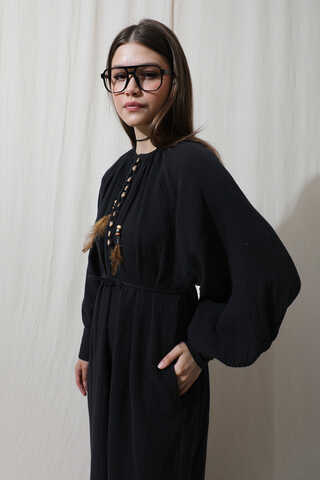 Düğme Yaka Müslin Elbise Siyah - 5