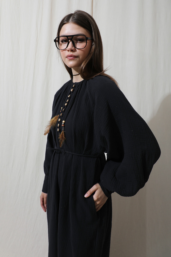 Düğme Yaka Müslin Elbise Siyah - 5