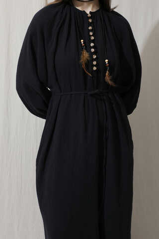 Düğme Yaka Müslin Elbise Siyah - 4