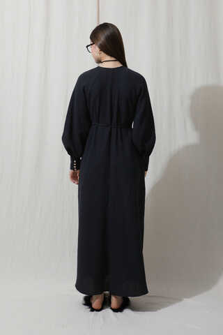 Düğme Yaka Müslin Elbise Siyah - 6