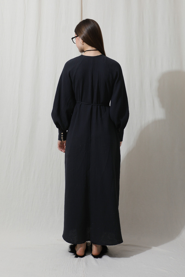 Düğme Yaka Müslin Elbise Siyah - 6