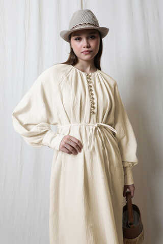 Düğme Yaka Müslin Elbise Taş - 3