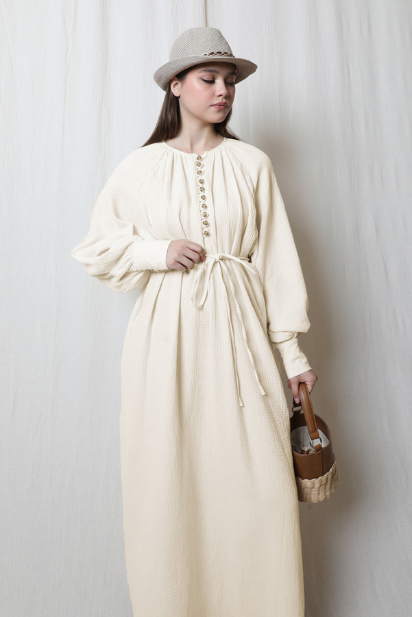 Düğme Yaka Müslin Elbise Taş - 5