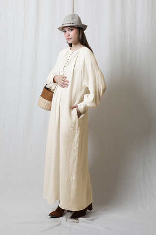 Düğme Yaka Müslin Elbise Taş - 6