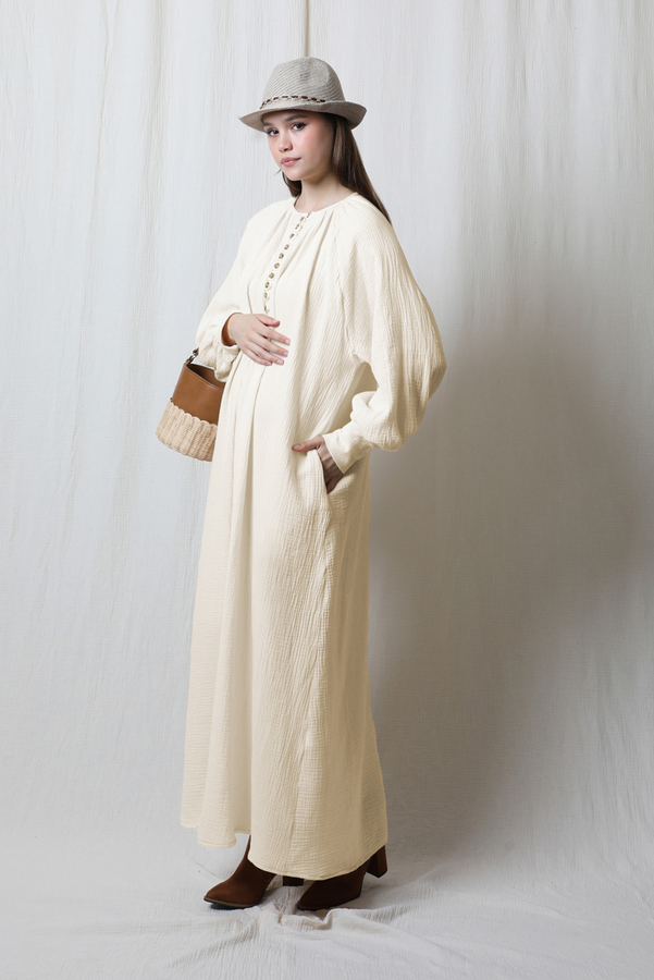 Düğme Yaka Müslin Elbise Taş - 6