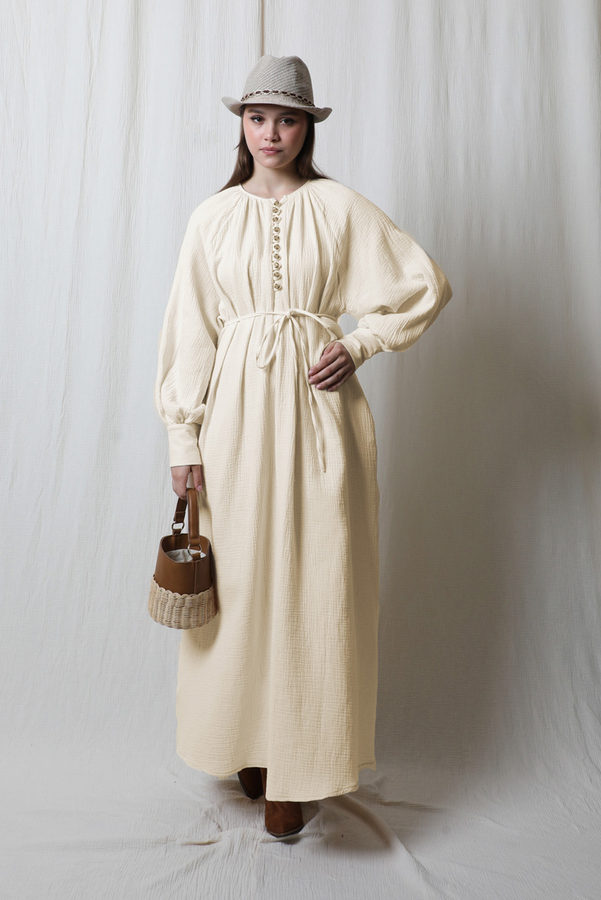 Düğme Yaka Müslin Elbise Taş - 4