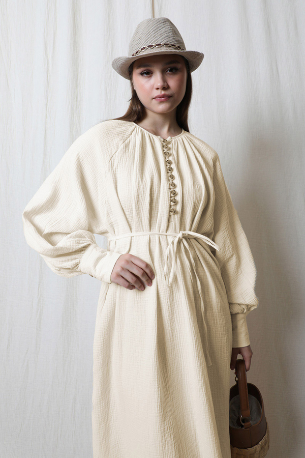 Düğme Yaka Müslin Elbise Taş - 3