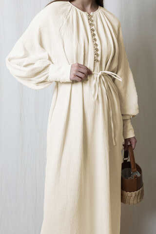 Düğme Yaka Müslin Elbise Taş - 1