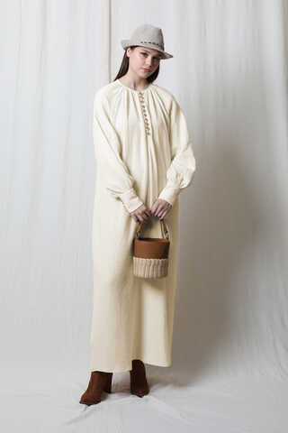 Düğme Yaka Müslin Elbise Taş - 2