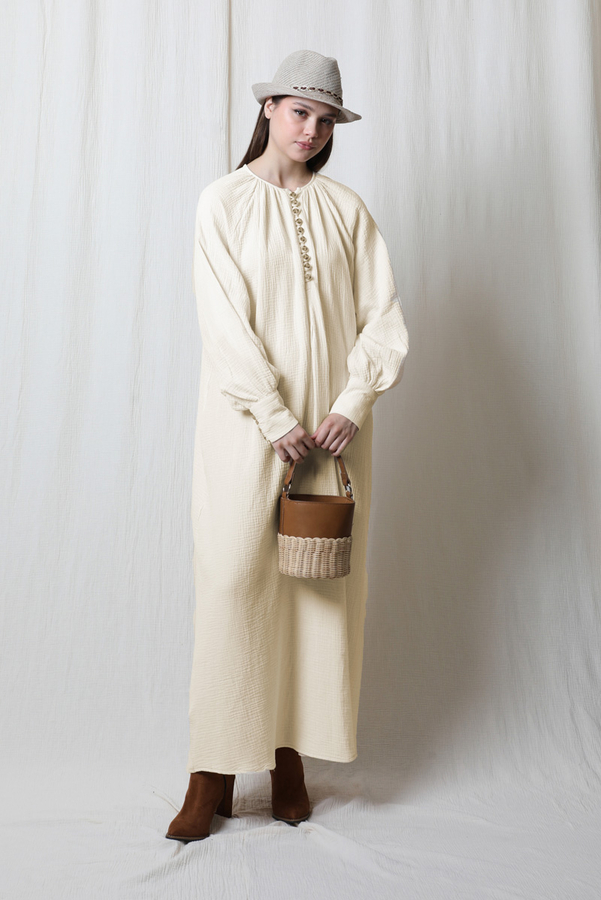 Düğme Yaka Müslin Elbise Taş - 2