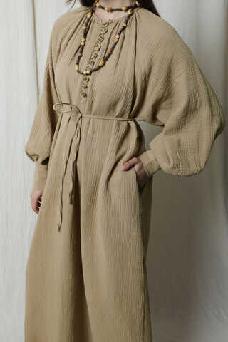 Düğme Yaka Müslin Elbise Vizon - 3