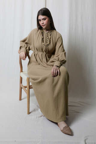 Düğme Yaka Müslin Elbise Vizon - 5