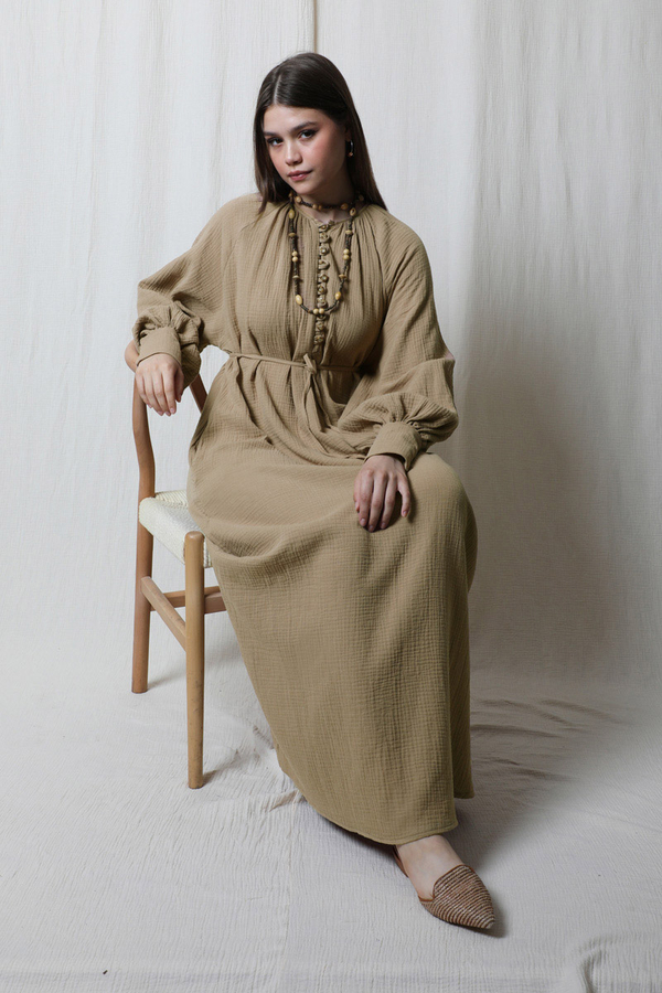 Düğme Yaka Müslin Elbise Vizon - 5