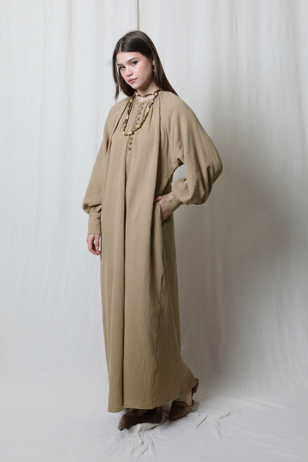 Düğme Yaka Müslin Elbise Vizon - 6