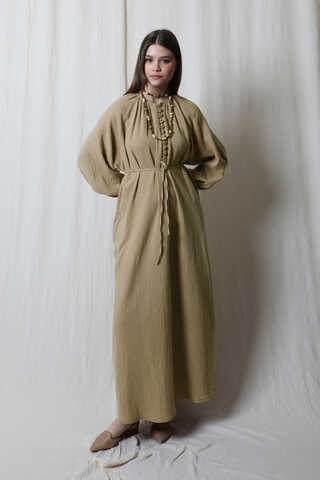 Düğme Yaka Müslin Elbise Vizon - 2