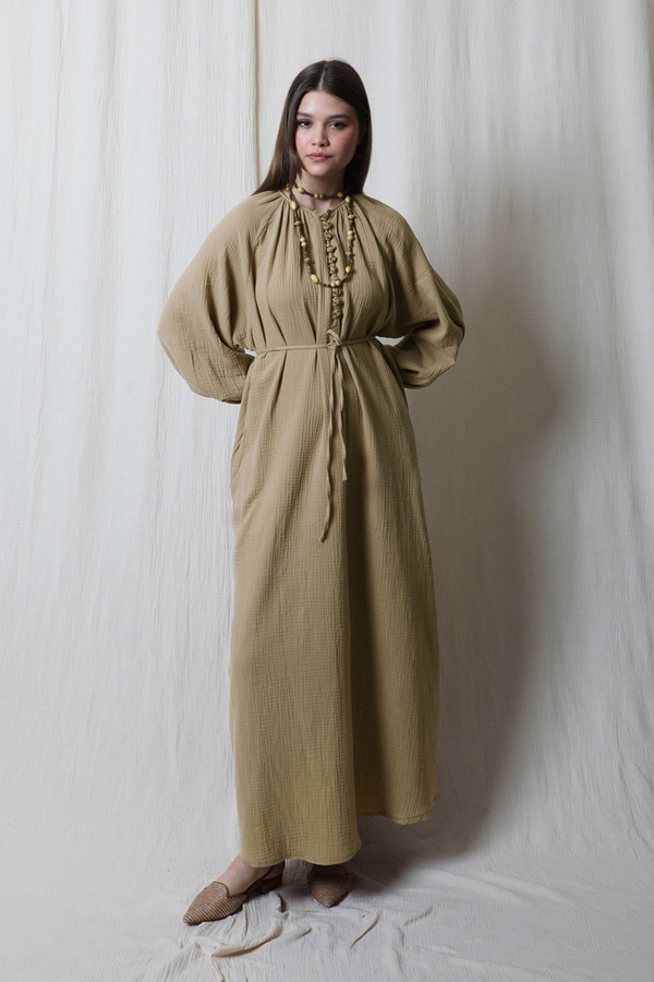 Düğme Yaka Müslin Elbise Vizon - 2